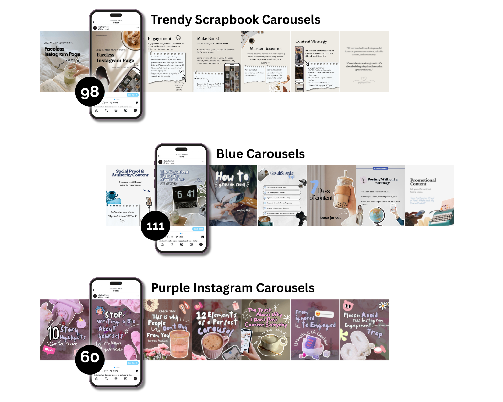 Carousel template styles preview — 3 aesthetic collections