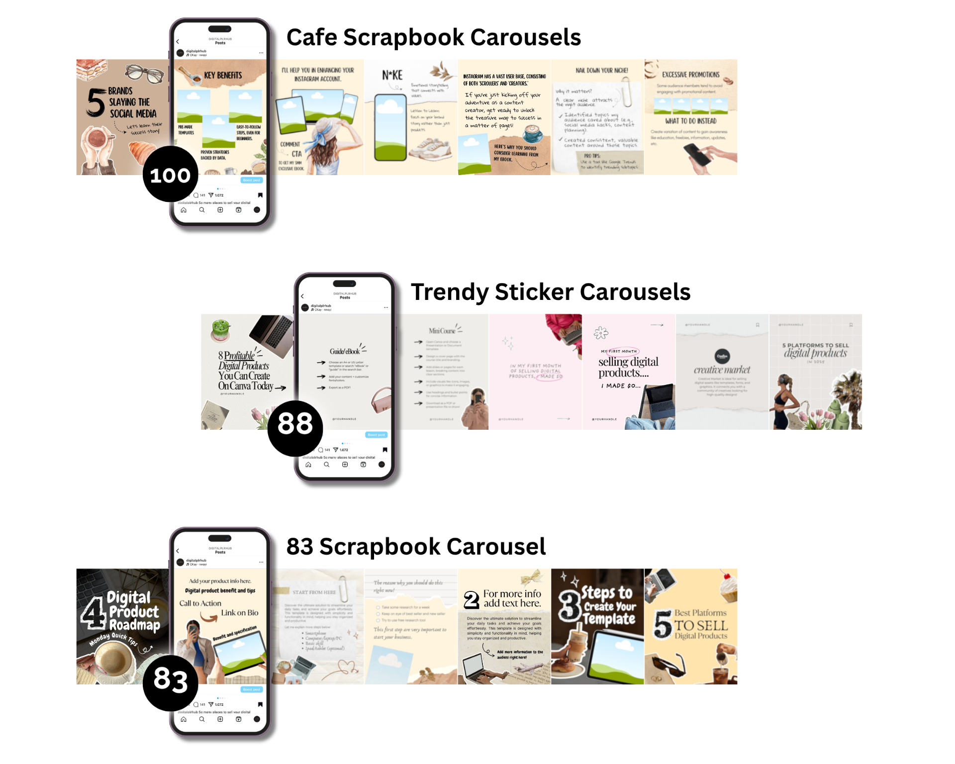 Carousel template styles preview — 3 aesthetic collections