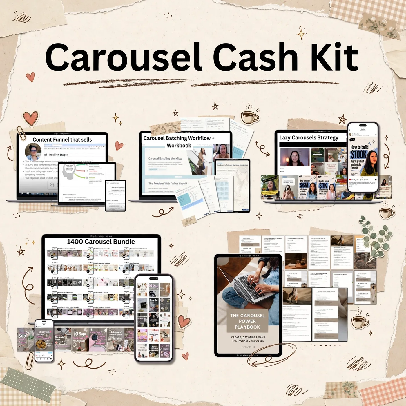 Carousel Cash Kit — full product mockup with laptops, tablet, phones and workbook