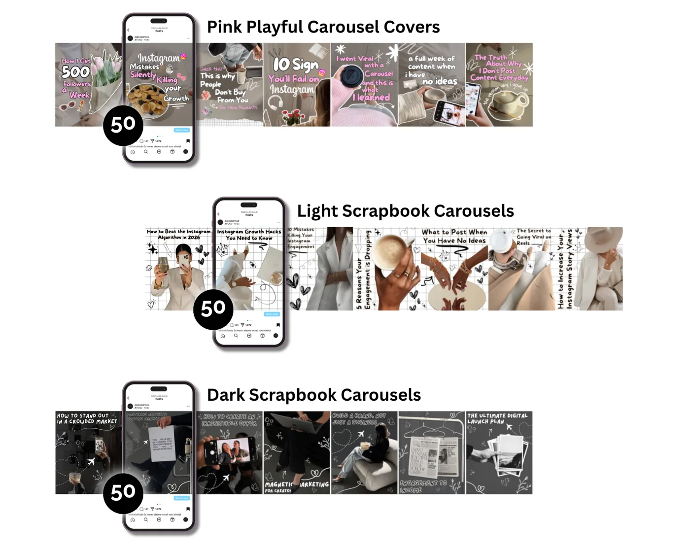 Carousel template styles preview — 3 aesthetic collections