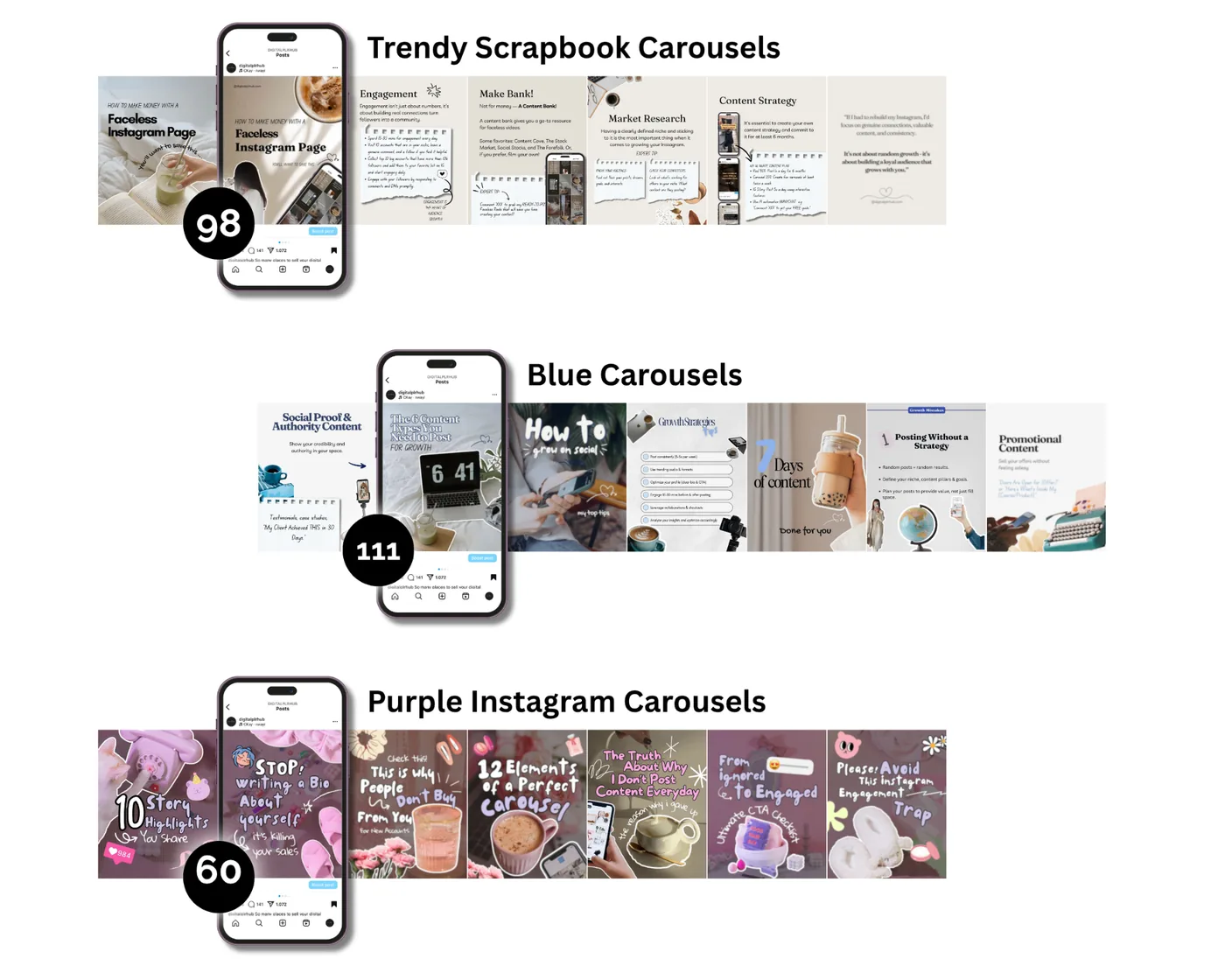 Carousel template styles preview — 3 aesthetic collections